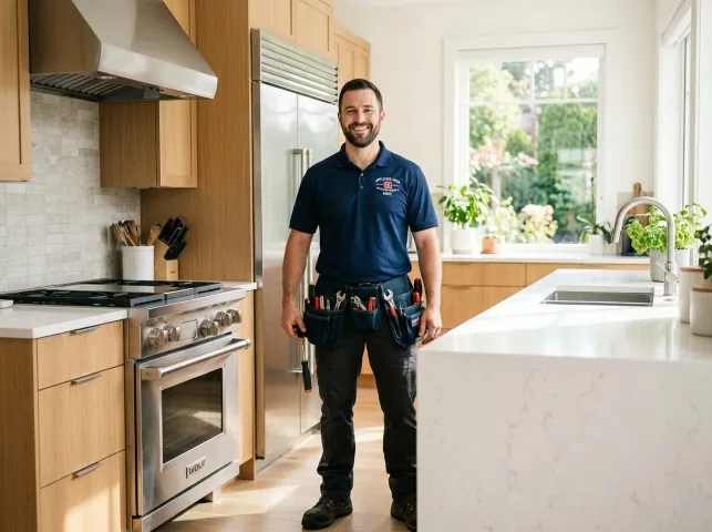 Appliance Repair Hero technician in a Birmingham, MI kitchen after an appliance repair